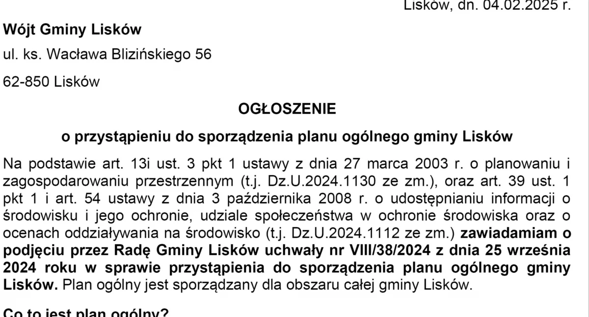 Tekst sponsorowany, Ogłoszenie przystąpieniu sporządzenia planu ogólnego gminy Lisków - zdjęcie, fotografia